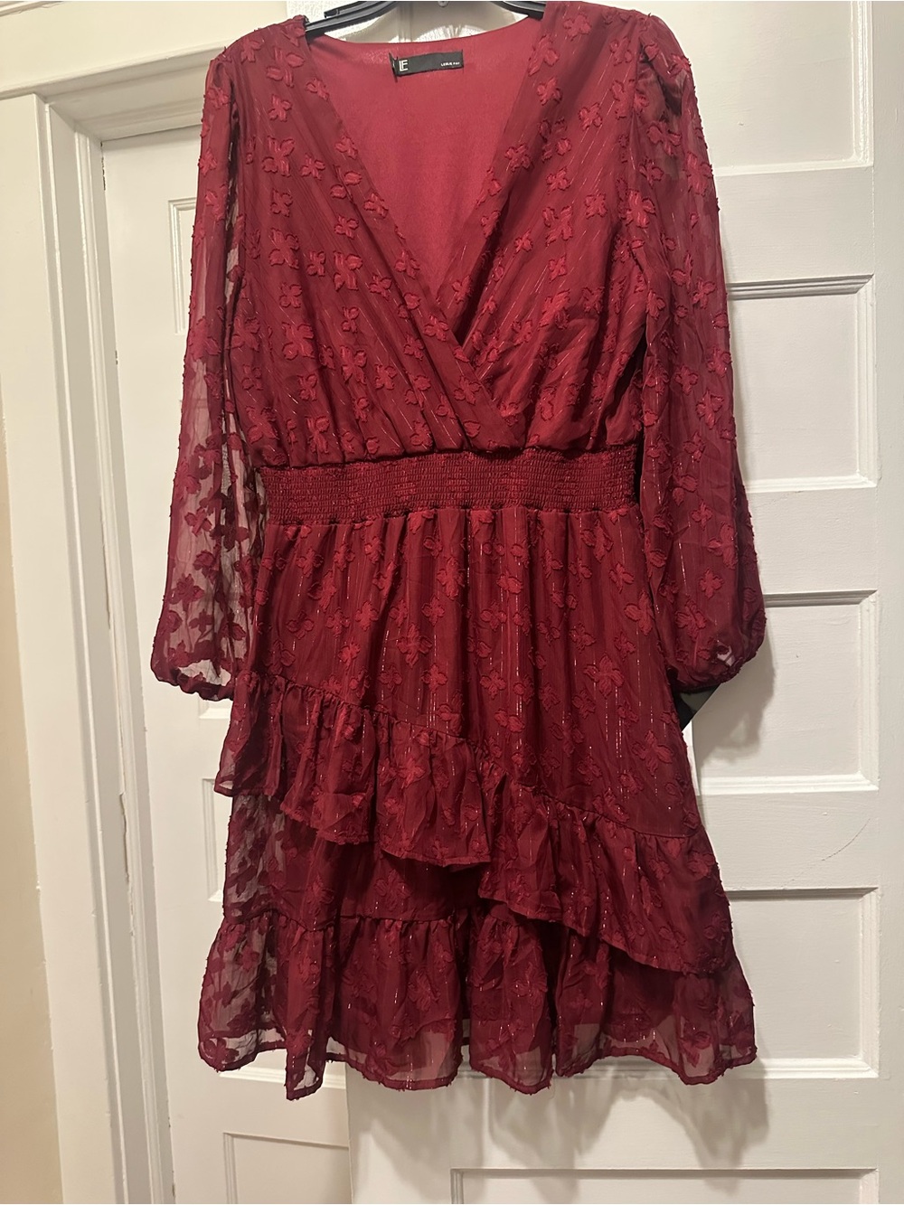 Leslie Fay Deep Burgundy V-Neck Ruffle Dress